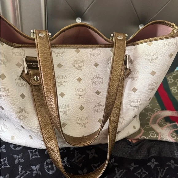 MCM White and Gold Visetos Tote with Brown Trim - Picture 7 of 10